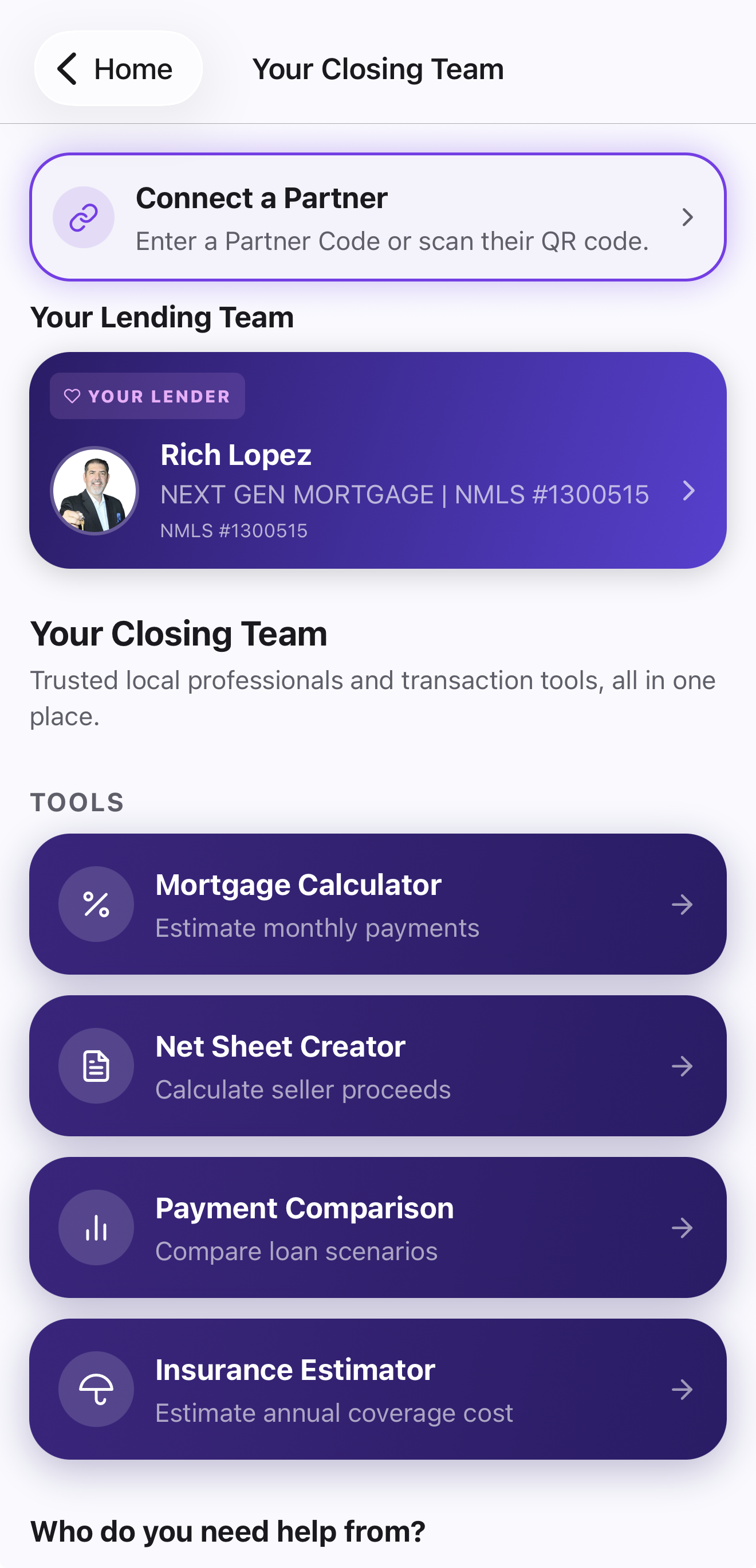 The Closing Network screen inside ReelMap showing a featured lender card, tools including Mortgage Calculator, Net Sheet Creator, Payment Comparison, and Insurance Estimator
