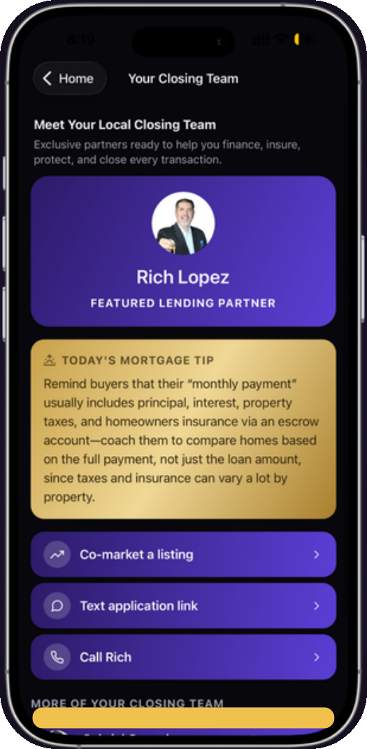 The Closing Team screen inside the ReelMap app, showing a featured lending partner card