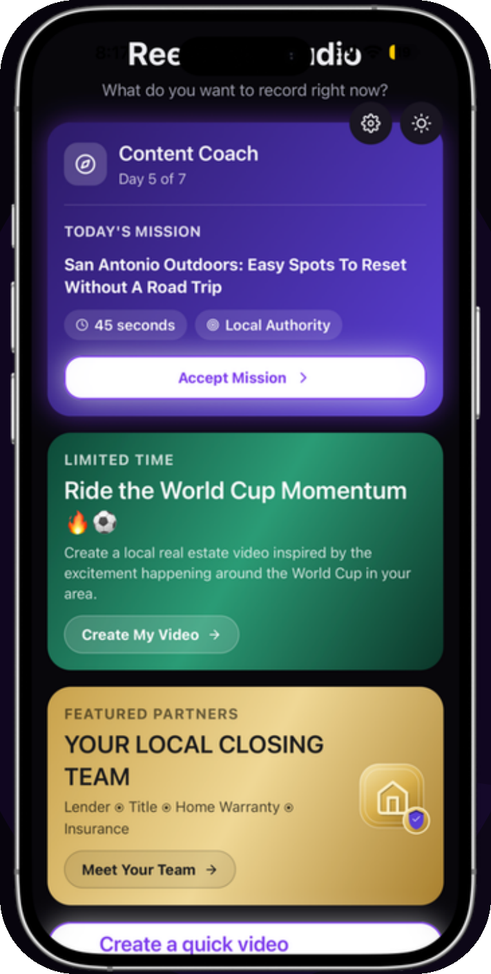 ReelMap Studio home screen showing a Content Coach mission and partner feature