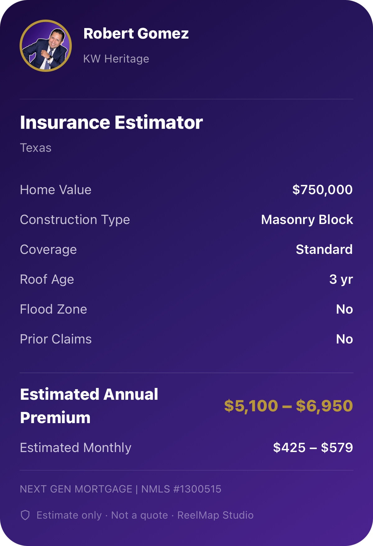 Insurance Estimator shared via SMS — branded to agent, partner name in footer