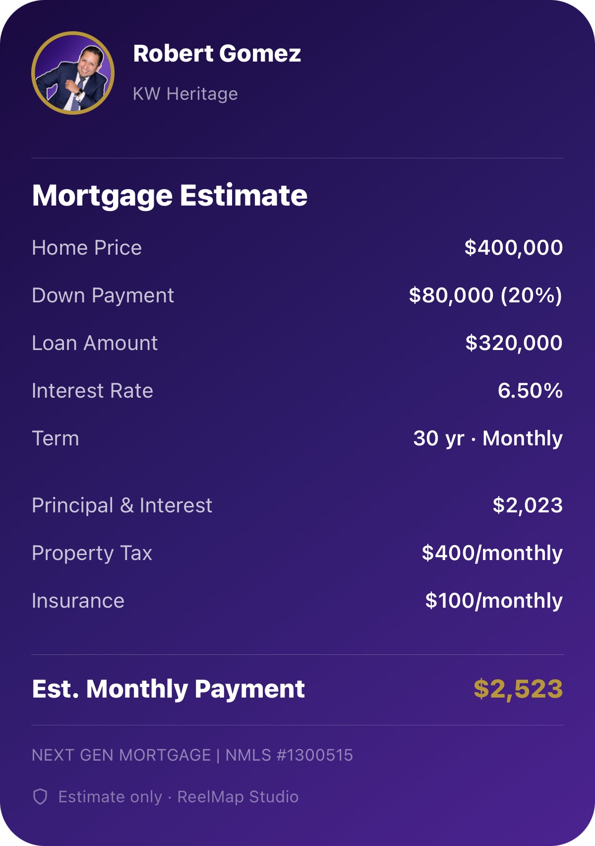 Mortgage Estimate shared via SMS — branded to agent, partner name in footer