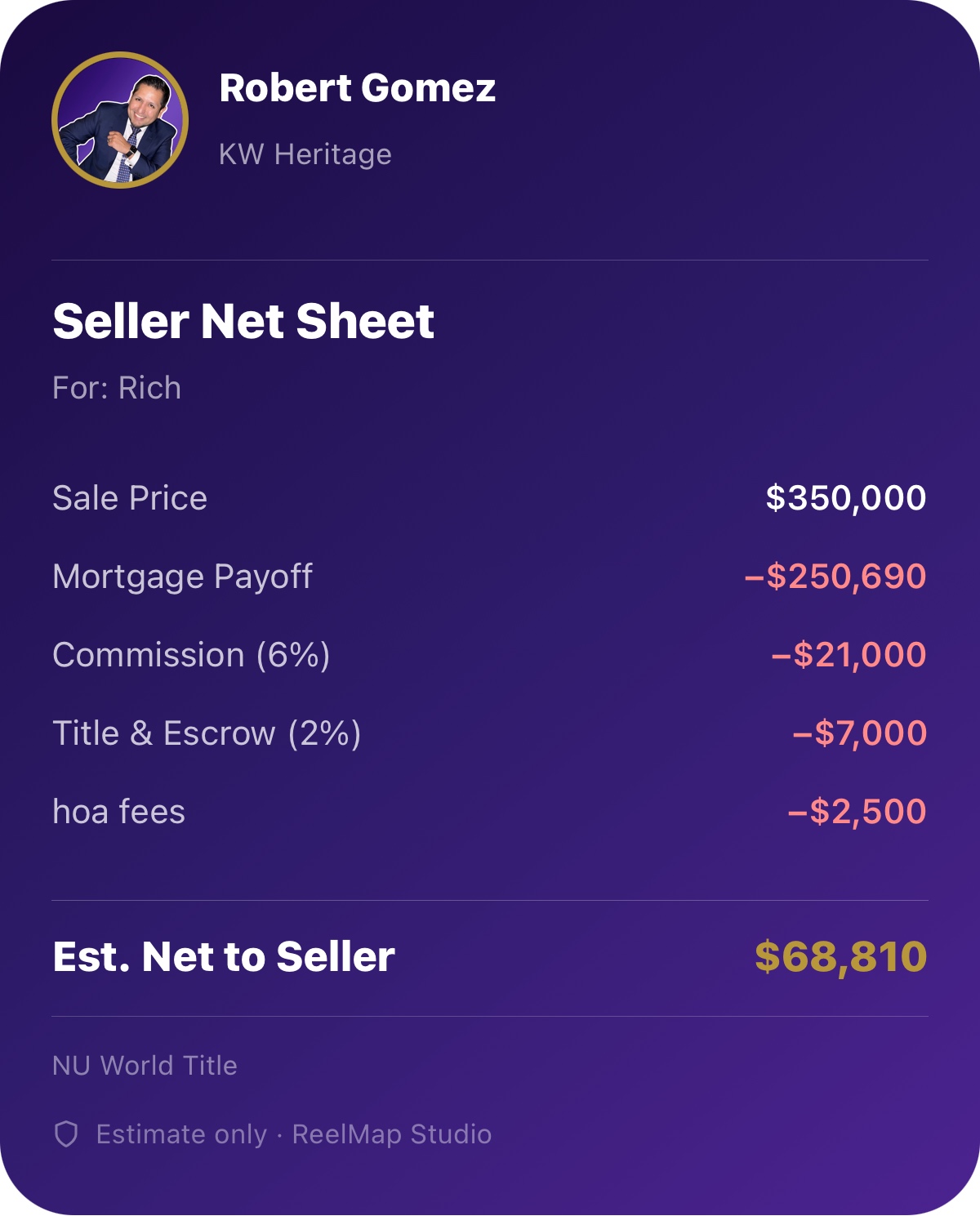 Seller Net Sheet shared via SMS — branded to agent, partner name in footer